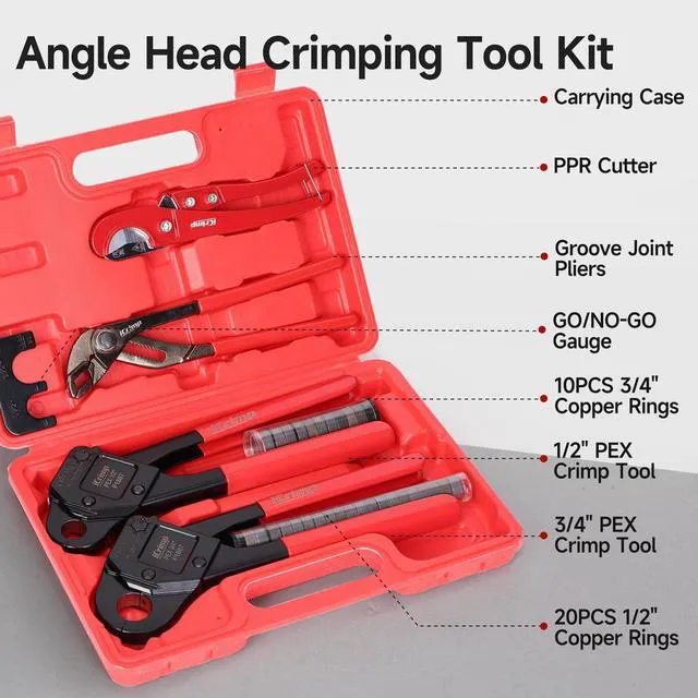 Alt view image 2 of 7 - iCrimp Angle Head F1807 PEX Pipe Crimping Tool with Pliers for Copper Ring 1/2&3/4-inch Two Crimper Set with 9.5" Groove Joint Pliers, PPR Cutter, 20PCS 1/2" and 10PCS 3/4" Copper Rings