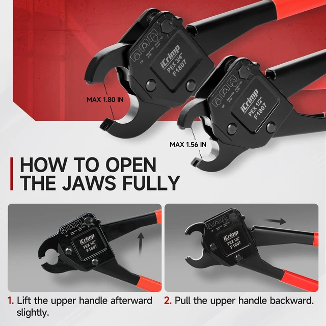 Alt view image 4 of 7 - iCrimp Angle Head F1807 PEX Pipe Crimping Tool with Pliers for Copper Ring 1/2&3/4-inch Two Crimper Set with 9.5" Groove Joint Pliers, PPR Cutter, 20PCS 1/2" and 10PCS 3/4" Copper Rings
