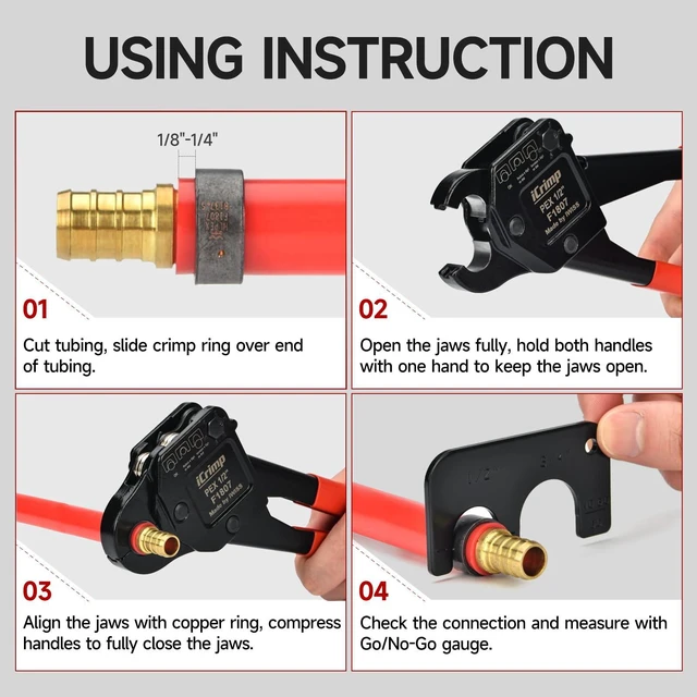 Alt view image 5 of 7 - iCrimp Angle Head F1807 PEX Pipe Crimping Tool with Pliers for Copper Ring 1/2&3/4-inch Two Crimper Set with 9.5" Groove Joint Pliers, PPR Cutter, 20PCS 1/2" and 10PCS 3/4" Copper Rings