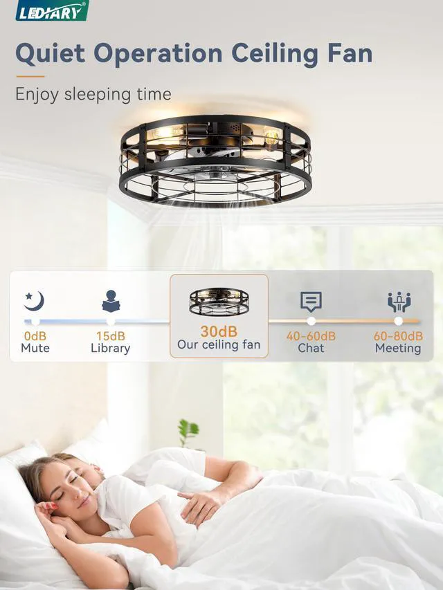 Alt view image 2 of 7 - 20" Black Caged Low Profile Ceiling Fan with Light and Remote Flush Mount, Bladeless Enclosed Fandelier, 6 Speed, Quiet Powerful DC, Rustic,Farmhouse, Small, Bedroom, Kitchen, Indoor