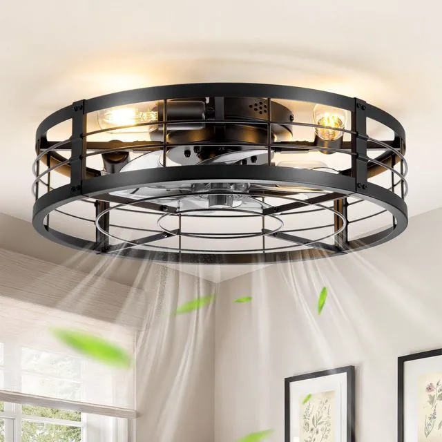 Main image of 20" Black Caged Low Profile Ceiling Fan with Light and Remote Flush Mount, Bladeless Enclosed Fandelier, 6 Speed, Quiet Powerful DC, Rustic,Farmhouse, Small, Bedroom, Kitchen, Indoor