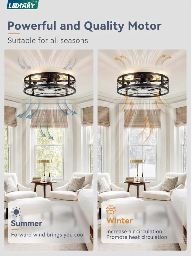 Alt view image 3 of 7 - 20" Black Caged Low Profile Ceiling Fan with Light and Remote Flush Mount, Bladeless Enclosed Fandelier, 6 Speed, Quiet Powerful DC, Rustic,Farmhouse, Small, Bedroom, Kitchen, Indoor