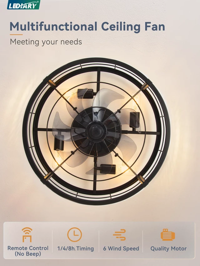 Alt view image 4 of 7 - 20" Black Caged Low Profile Ceiling Fan with Light and Remote Flush Mount, Bladeless Enclosed Fandelier, 6 Speed, Quiet Powerful DC, Rustic,Farmhouse, Small, Bedroom, Kitchen, Indoor