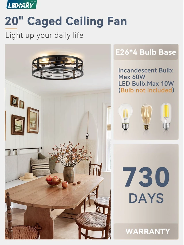 Alt view image 5 of 7 - 20" Black Caged Low Profile Ceiling Fan with Light and Remote Flush Mount, Bladeless Enclosed Fandelier, 6 Speed, Quiet Powerful DC, Rustic,Farmhouse, Small, Bedroom, Kitchen, Indoor