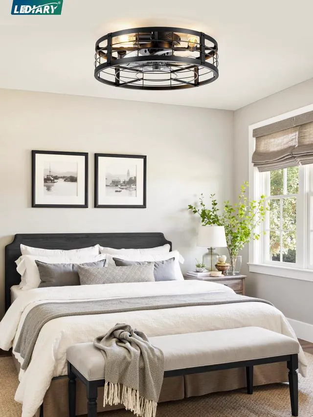 Alt view image 7 of 7 - 20" Black Caged Low Profile Ceiling Fan with Light and Remote Flush Mount, Bladeless Enclosed Fandelier, 6 Speed, Quiet Powerful DC, Rustic,Farmhouse, Small, Bedroom, Kitchen, Indoor