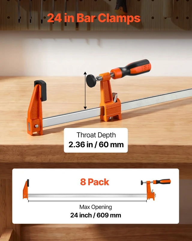Alt view image 2 of 7 - Bar Clamps for Woodworking, 8-Pack, 24" Opening F Clamps, 600 lbs Load Limit, with Plastic Pad and Self-Locking Design, Premium Cast Iron and Carbon Steel, for Wood Working and Metal Working