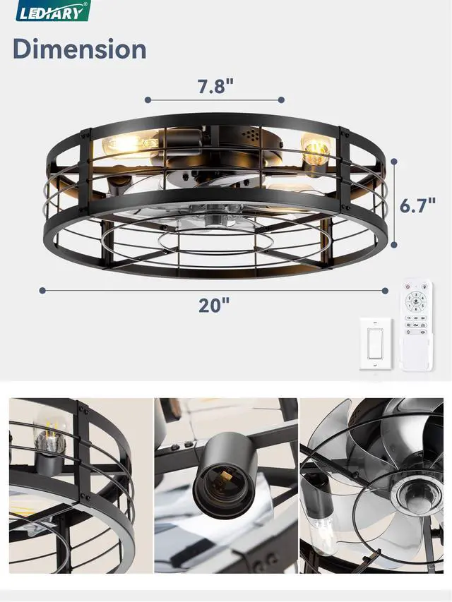 Alt view image 6 of 7 - 20" Black Caged Low Profile Ceiling Fan with Light and Remote Flush Mount, Bladeless Enclosed Fandelier, 6 Speed, Quiet Powerful DC, Rustic,Farmhouse, Small, Bedroom, Kitchen, Indoor