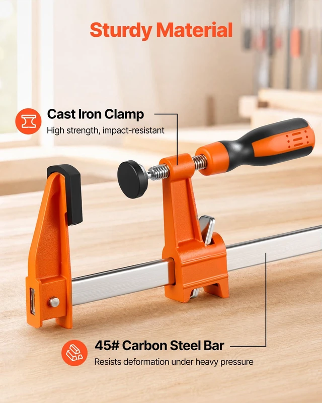 Alt view image 5 of 7 - Bar Clamps for Woodworking, 8-Pack, 24" Opening F Clamps, 600 lbs Load Limit, with Plastic Pad and Self-Locking Design, Premium Cast Iron and Carbon Steel, for Wood Working and Metal Working