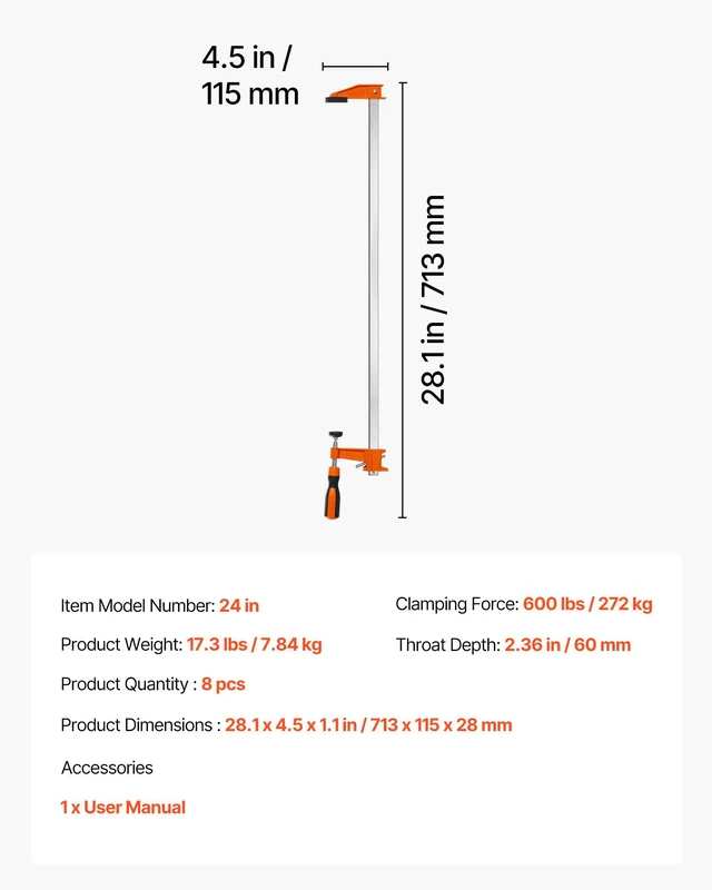 Alt view image 7 of 7 - Bar Clamps for Woodworking, 8-Pack, 24" Opening F Clamps, 600 lbs Load Limit, with Plastic Pad and Self-Locking Design, Premium Cast Iron and Carbon Steel, for Wood Working and Metal Working