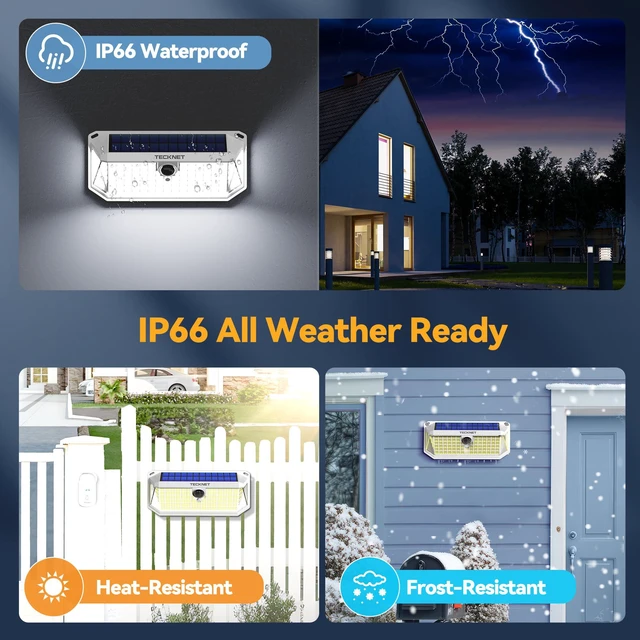 Alt view image 4 of 7 - 416 LED Solar Powered Outdoor Lights Motion Sensor Security Lights 300° Wide Angle,3 Lighting Modes,Waterproof Solar Lights 4 Pack Cold White for Fence,Garden,Yard,Door and Outdoor Areas