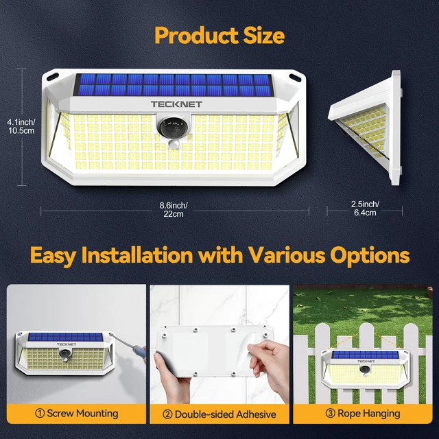 Alt view image 7 of 7 - 416 LED Solar Powered Outdoor Lights Motion Sensor Security Lights 300° Wide Angle,3 Lighting Modes,Waterproof Solar Lights 4 Pack Cold White for Fence,Garden,Yard,Door and Outdoor Areas