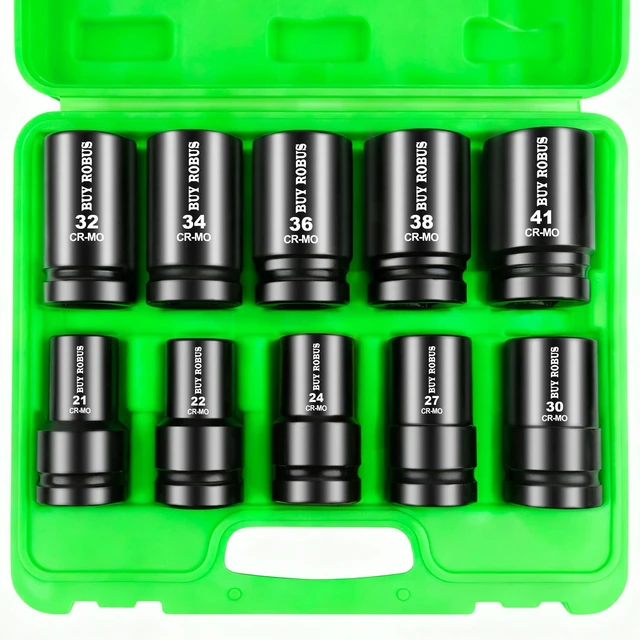 Main image of 10PCS 1 In Drive Deep Impact Socket Set, Metric, CR-MO, 21,22,24,27,30,32,34,36,38,41mm, Deep Spindle Axle Nut Impact Socket Set