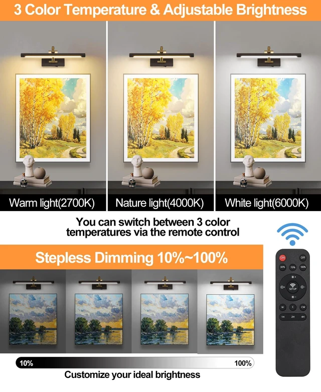 Alt view image 2 of 7 - LED Picture Lights for Wall Rechargeable, Battery Operated Art Light for Paintings (Wood Grain, 15.7inch)