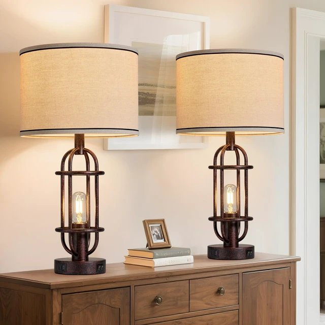 Alt view image 4 of 7 - 22.3Farmhouse Table Lamps for Living Room, Bedroom Lamps Set of 2 Rust Bronze, Industrial Bedside Lamps for Nightstand, End Table, Entryway, Dual Button Switch, USB A+C Ports, Bulbs Included