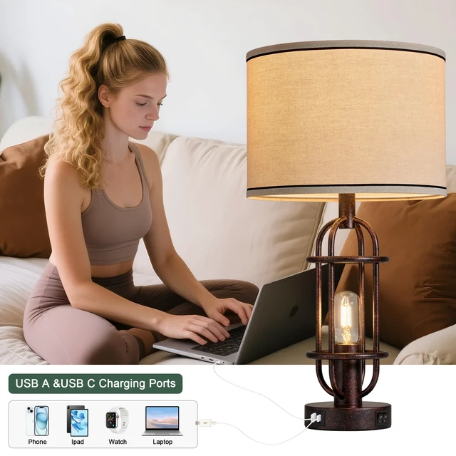 Alt view image 2 of 7 - 22.3Farmhouse Table Lamps for Living Room, Bedroom Lamps Set of 2 Rust Bronze, Industrial Bedside Lamps for Nightstand, End Table, Entryway, Dual Button Switch, USB A+C Ports, Bulbs Included