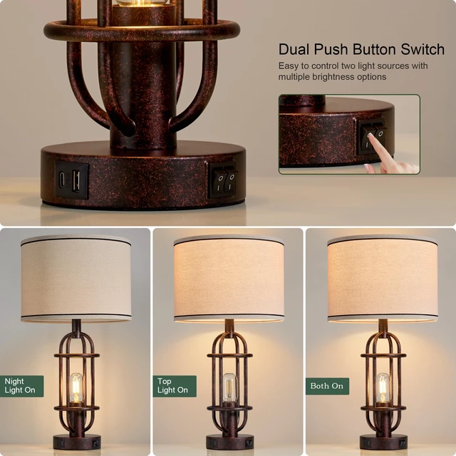 Alt view image 3 of 7 - 22.3Farmhouse Table Lamps for Living Room, Bedroom Lamps Set of 2 Rust Bronze, Industrial Bedside Lamps for Nightstand, End Table, Entryway, Dual Button Switch, USB A+C Ports, Bulbs Included