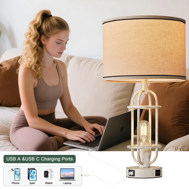 Alt view image 3 of 7 - 22.3 Vintage Table Lamps for Living Room Set of 2, Antique White Farmhouse Table Lamps for Bedroom, Bedside Lamps for Night Stands, Office, Dual Button Switch, USB A+C Ports, Bulbs Included