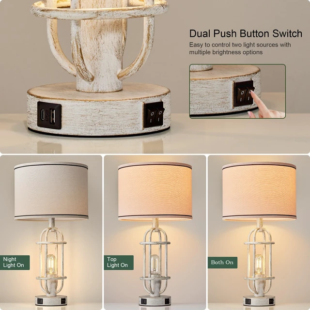 Alt view image 2 of 7 - 22.3 Vintage Table Lamps for Living Room Set of 2, Antique White Farmhouse Table Lamps for Bedroom, Bedside Lamps for Night Stands, Office, Dual Button Switch, USB A+C Ports, Bulbs Included