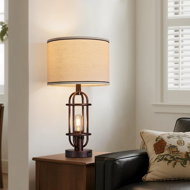 Alt view image 6 of 7 - 22.3Farmhouse Table Lamps for Living Room, Bedroom Lamps Set of 2 Rust Bronze, Industrial Bedside Lamps for Nightstand, End Table, Entryway, Dual Button Switch, USB A+C Ports, Bulbs Included