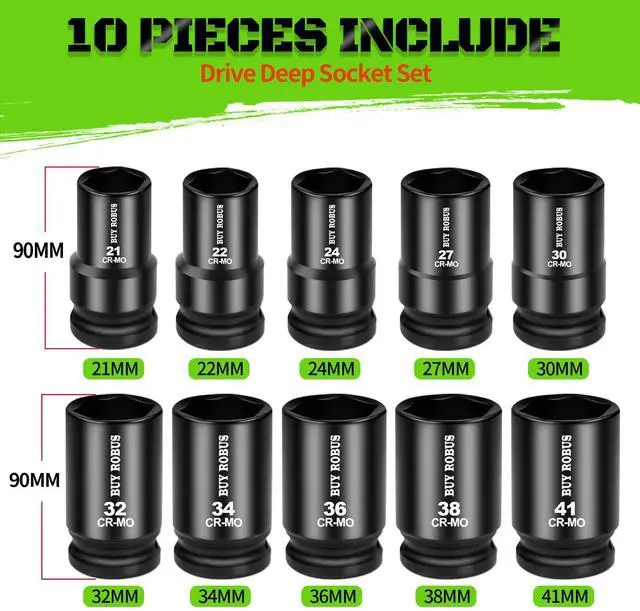 Alt view image 2 of 7 - 10PCS 1 In Drive Deep Impact Socket Set, Metric, CR-MO, 21,22,24,27,30,32,34,36,38,41mm, Deep Spindle Axle Nut Impact Socket Set