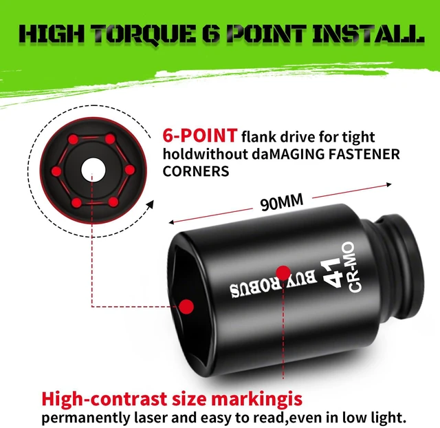 Alt view image 4 of 7 - 10PCS 1 In Drive Deep Impact Socket Set, Metric, CR-MO, 21,22,24,27,30,32,34,36,38,41mm, Deep Spindle Axle Nut Impact Socket Set