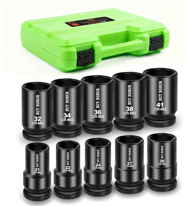 Alt view image 6 of 7 - 10PCS 1 In Drive Deep Impact Socket Set, Metric, CR-MO, 21,22,24,27,30,32,34,36,38,41mm, Deep Spindle Axle Nut Impact Socket Set