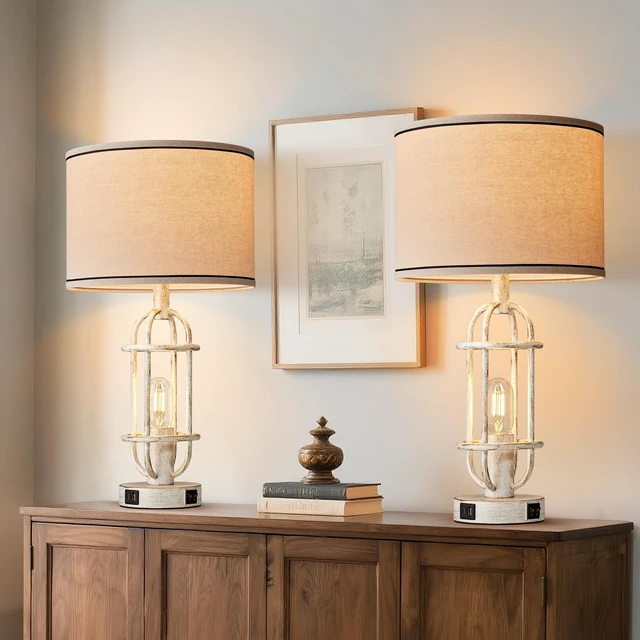 Alt view image 4 of 7 - 22.3 Vintage Table Lamps for Living Room Set of 2, Antique White Farmhouse Table Lamps for Bedroom, Bedside Lamps for Night Stands, Office, Dual Button Switch, USB A+C Ports, Bulbs Included