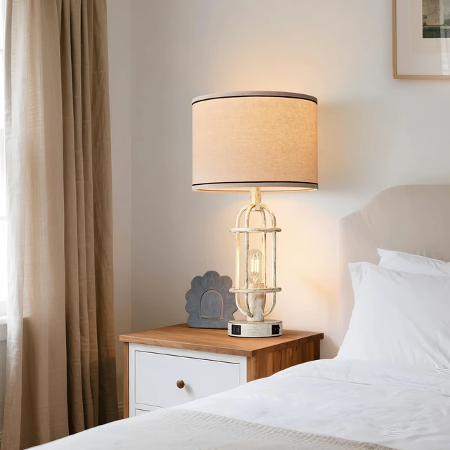 Alt view image 5 of 7 - 22.3 Vintage Table Lamps for Living Room Set of 2, Antique White Farmhouse Table Lamps for Bedroom, Bedside Lamps for Night Stands, Office, Dual Button Switch, USB A+C Ports, Bulbs Included
