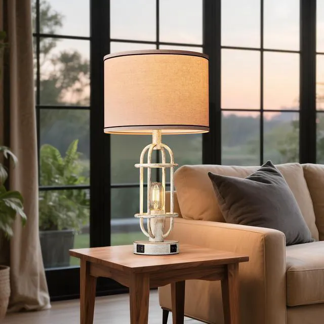 Alt view image 6 of 7 - 22.3 Vintage Table Lamps for Living Room Set of 2, Antique White Farmhouse Table Lamps for Bedroom, Bedside Lamps for Night Stands, Office, Dual Button Switch, USB A+C Ports, Bulbs Included