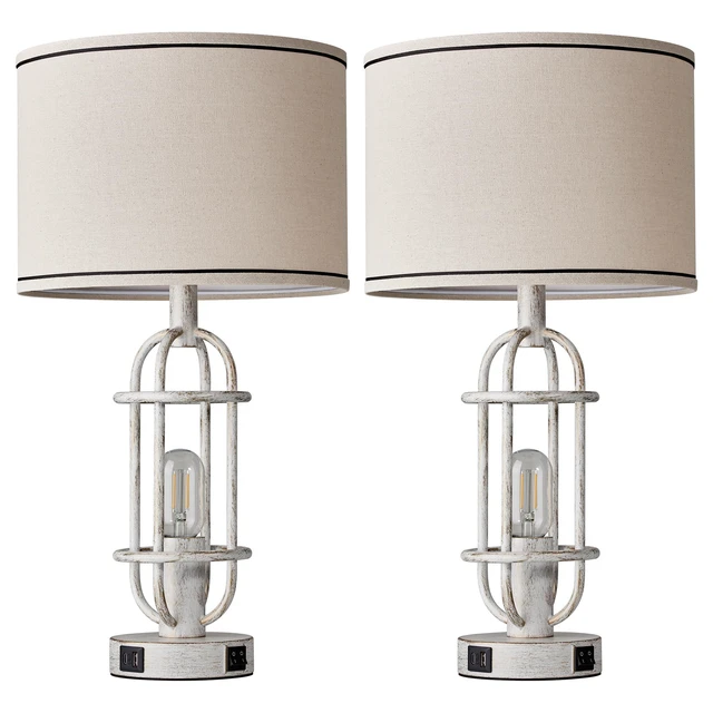 Alt view image 7 of 7 - 22.3 Vintage Table Lamps for Living Room Set of 2, Antique White Farmhouse Table Lamps for Bedroom, Bedside Lamps for Night Stands, Office, Dual Button Switch, USB A+C Ports, Bulbs Included