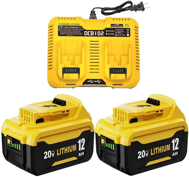 Main image of 2 Packs 12Ah Replacement for Dewalt 20V Battery DCB208 and Charger Compatible with Dewalt 20V Max Battery DCB207 DCB206 DCB204 DCB203 DCB200 DCB201 and DCB102 Charger