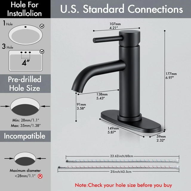 Alt view image 2 of 7 - Black Bathroom Faucet, Single Hole Bathroom Faucet Stainless Steel 2 Pack Modern Bathroom Sink Faucet with Pop-up Drain and Hoses, RV & Outdoor Basins,1 or 3 Hole