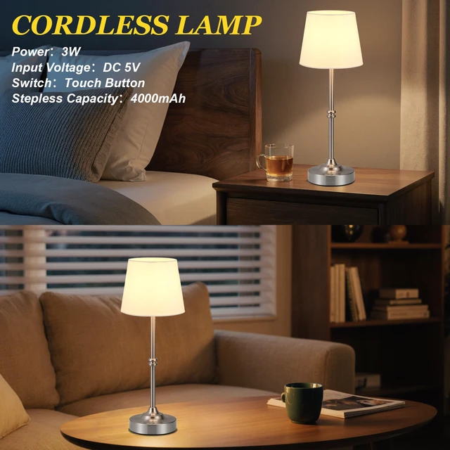 Alt view image 7 of 7 - Rechargeable Cordless Table Lamp Silver - 2 Pack 4000mAh Battery Operated Lamp, 3000K Warm Light, Touch Control Stepless Dimming, for Bedside, Dining Table, Home Decor