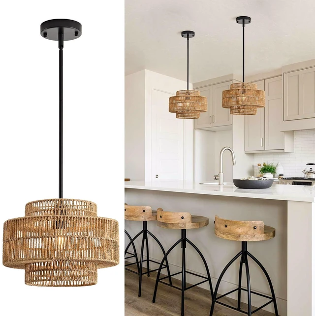 Main image of 12.4" Rattan Pendant Light for Kitchen Island, Boho Chandelier 1-Light, Hand Woven, No Assembly, Black Hardware, Farmhouse Coastal Drum Wicker Light Fixture Dining Room Hallway Entryway
