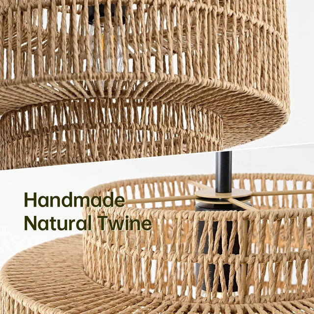 Alt view image 2 of 7 - 12.4" Rattan Pendant Light for Kitchen Island, Boho Chandelier 1-Light, Hand Woven, No Assembly, Black Hardware, Farmhouse Coastal Drum Wicker Light Fixture Dining Room Hallway Entryway