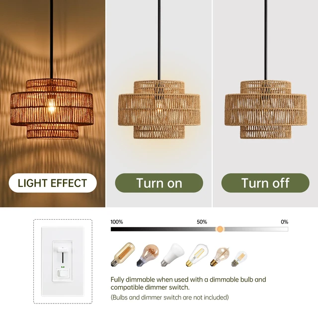 Alt view image 4 of 7 - 12.4" Rattan Pendant Light for Kitchen Island, Boho Chandelier 1-Light, Hand Woven, No Assembly, Black Hardware, Farmhouse Coastal Drum Wicker Light Fixture Dining Room Hallway Entryway