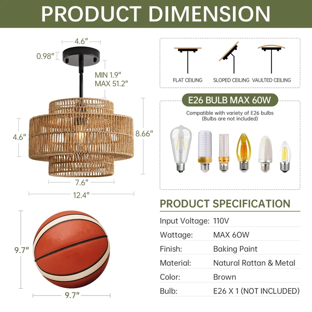 Alt view image 5 of 7 - 12.4" Rattan Pendant Light for Kitchen Island, Boho Chandelier 1-Light, Hand Woven, No Assembly, Black Hardware, Farmhouse Coastal Drum Wicker Light Fixture Dining Room Hallway Entryway