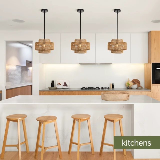 Alt view image 7 of 7 - 12.4" Rattan Pendant Light for Kitchen Island, Boho Chandelier 1-Light, Hand Woven, No Assembly, Black Hardware, Farmhouse Coastal Drum Wicker Light Fixture Dining Room Hallway Entryway