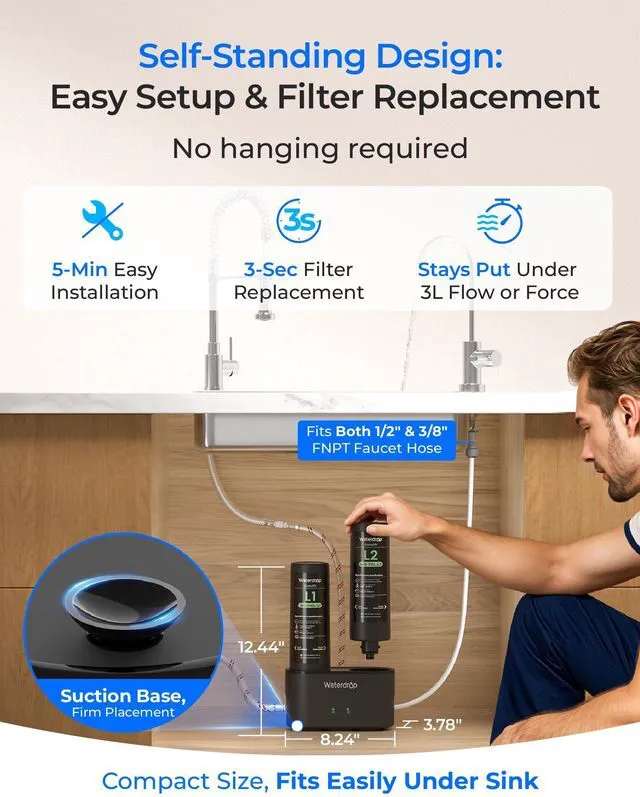 Alt view image 6 of 7 - DLG-L Under Sink Water Filter, Reduces Chlorine Lead Chloramine 2 Stage Under Sink Water Filtration System, Life Indicator, Dual-Outlet Filtered Water, Wash & Drink, with Separate Faucet