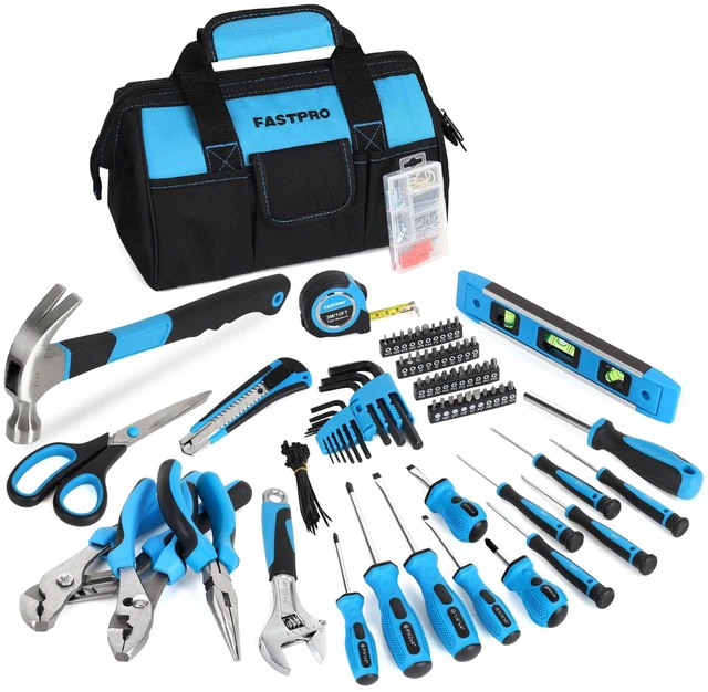 Main image of 220-Piece Home Tool Set, Household Repairing Tool Kit, Blue Included 12-Inch Wide Mouth Open Storage Tool Bag, For Beginners, For Home Repair and Maintenance, Great for Gifts