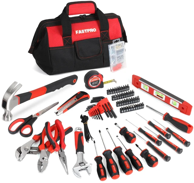 Main image of 220-Piece Home Tool Set, Household Repairing Tool Kit, Red Included 12-Inch Wide Mouth Open Storage Tool Bag, For Beginners, For Home Repair and Maintenance, Great for Gifts