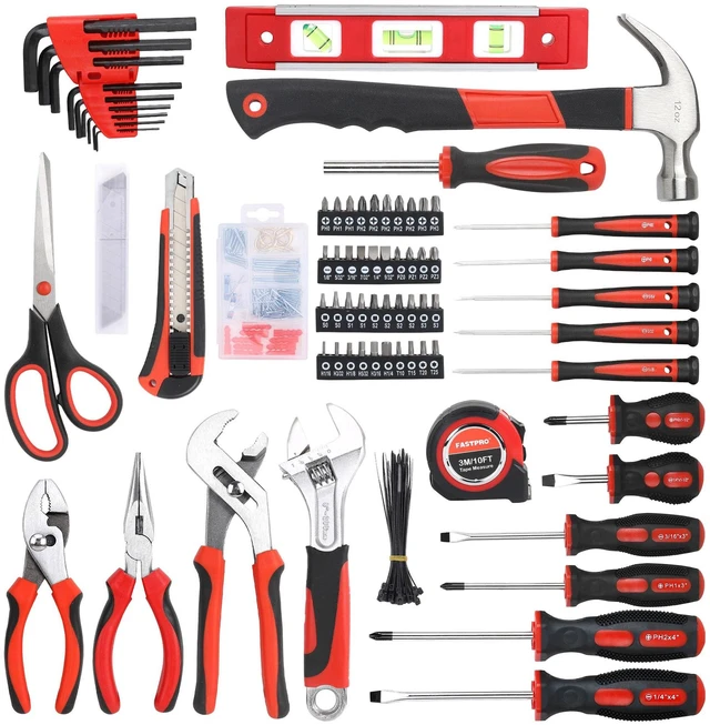 Alt view image 2 of 7 - 220-Piece Home Tool Set, Household Repairing Tool Kit, Red Included 12-Inch Wide Mouth Open Storage Tool Bag, For Beginners, For Home Repair and Maintenance, Great for Gifts