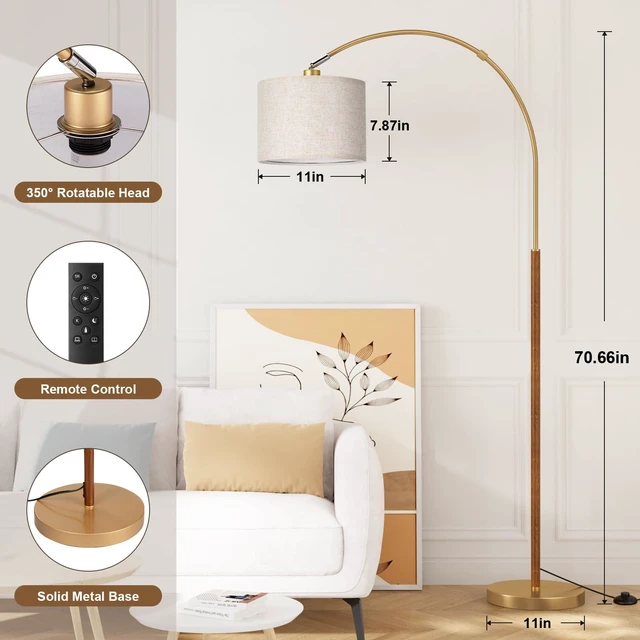 Alt view image 2 of 7 - Dimmable Arc Floor Lamp with Remote, Color Temp Adjust, Woodgrain Rotating Head, Foot Switch & Remote, Arched Floor Lamp for Living Room Bedroom, Over Couch Arched Light, Gold & Woodgrain