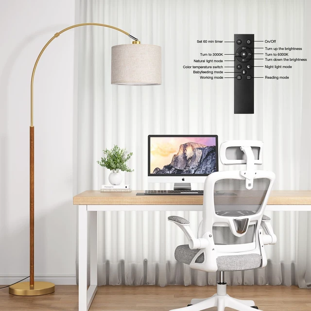 Alt view image 3 of 7 - Dimmable Arc Floor Lamp with Remote, Color Temp Adjust, Woodgrain Rotating Head, Foot Switch & Remote, Arched Floor Lamp for Living Room Bedroom, Over Couch Arched Light, Gold & Woodgrain