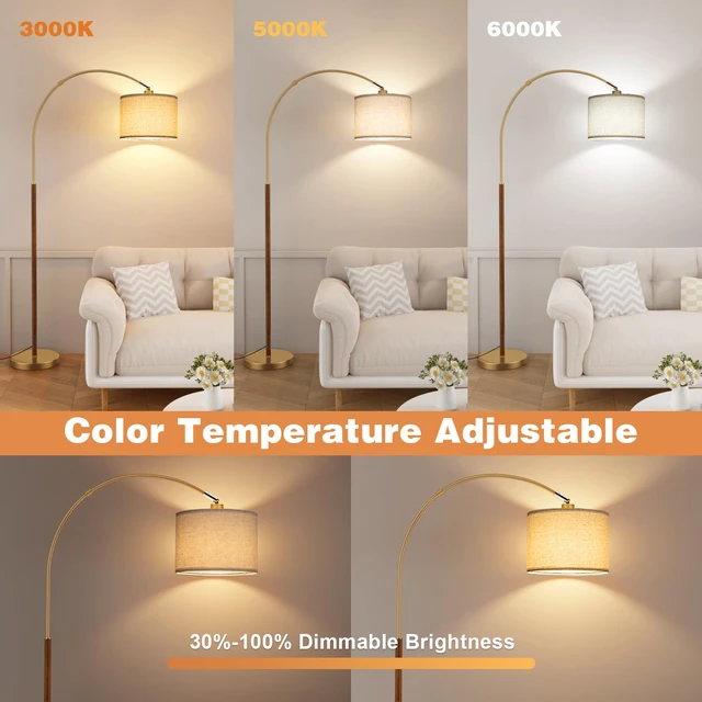 Alt view image 4 of 7 - Dimmable Arc Floor Lamp with Remote, Color Temp Adjust, Woodgrain Rotating Head, Foot Switch & Remote, Arched Floor Lamp for Living Room Bedroom, Over Couch Arched Light, Gold & Woodgrain
