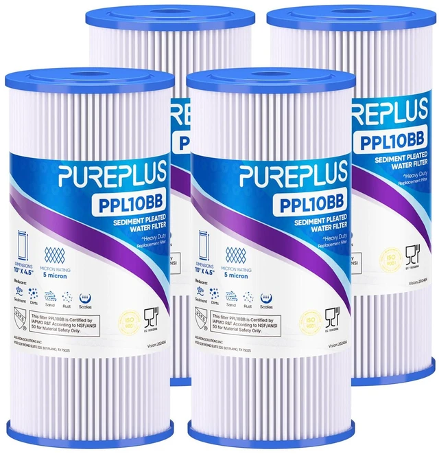 Main image of 5 Micron 10" x 4.5" Whole House Pleated Sediment Filter,4 Pack PPL10BB Replacement Cartridge for GE FXHSC, Culligan R50-BBSA, Pentek R50-BB, DuPont WFHDC3001, W50PEHD, GXWH40L