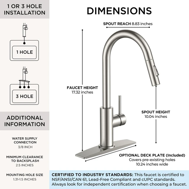 Alt view image 2 of 7 - Kitchen Faucet with Pull Down Sprayer, Brushed Nickel High Arc Lead-Free, Stainless Steel, Single Handle, Fits for 1 or 3 Hole Sink, Laundry, Farmhouse, Bar, Outdoor, Deck Plate Included
