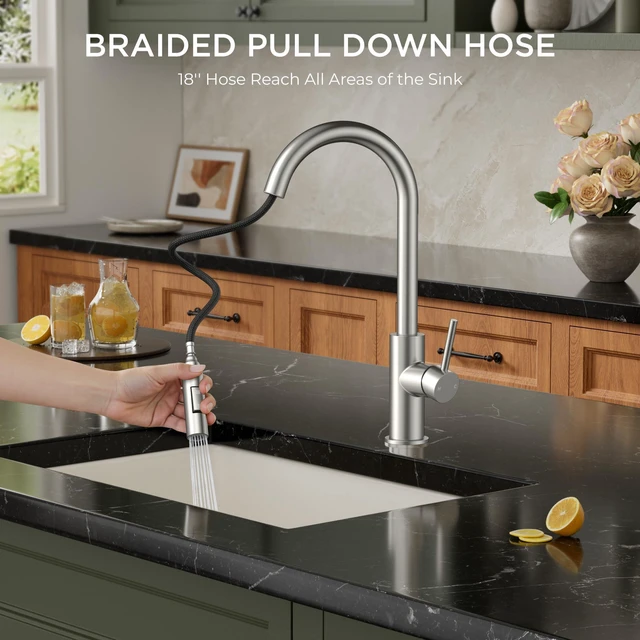 Alt view image 3 of 7 - Kitchen Faucet with Pull Down Sprayer, Brushed Nickel High Arc Lead-Free, Stainless Steel, Single Handle, Fits for 1 or 3 Hole Sink, Laundry, Farmhouse, Bar, Outdoor, Deck Plate Included