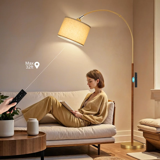 Alt view image 6 of 7 - Dimmable Arc Floor Lamp with Remote, Color Temp Adjust, Woodgrain Rotating Head, Foot Switch & Remote, Arched Floor Lamp for Living Room Bedroom, Over Couch Arched Light, Gold & Woodgrain