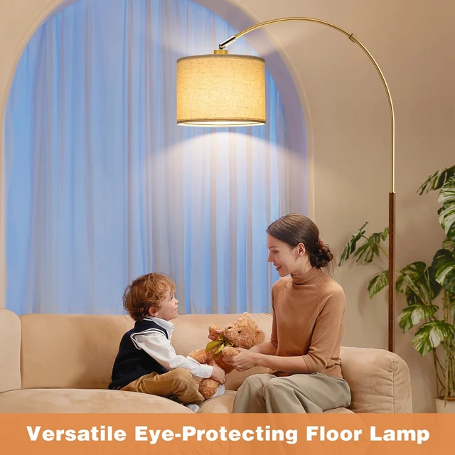 Alt view image 7 of 7 - Dimmable Arc Floor Lamp with Remote, Color Temp Adjust, Woodgrain Rotating Head, Foot Switch & Remote, Arched Floor Lamp for Living Room Bedroom, Over Couch Arched Light, Gold & Woodgrain
